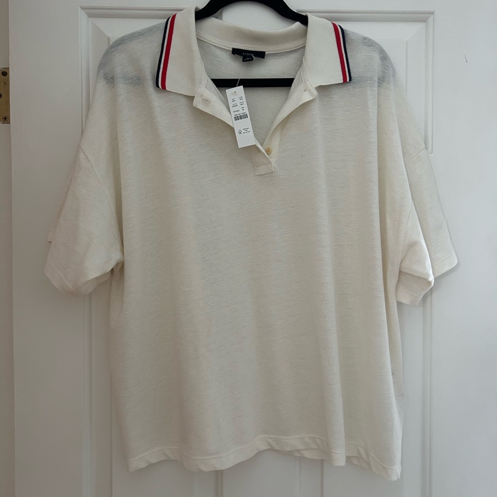 J. Crew Cream Polo with Red and Black Striped Collar